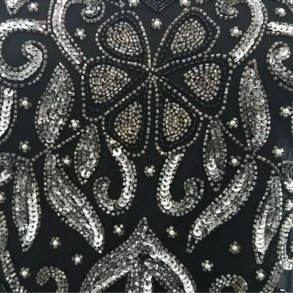 Vintage Laurence Kazar 100% Silk Silver & Black Sequin Beaded Dress glam 80’s L - Picture 6 of 13